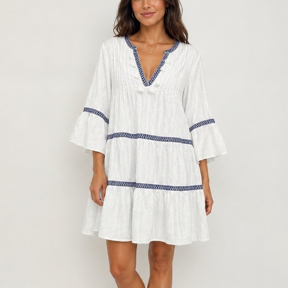 Tommy Bahama Jacquard Tiered Mini Dress L White Blue Coastal Boho‎ Beachy